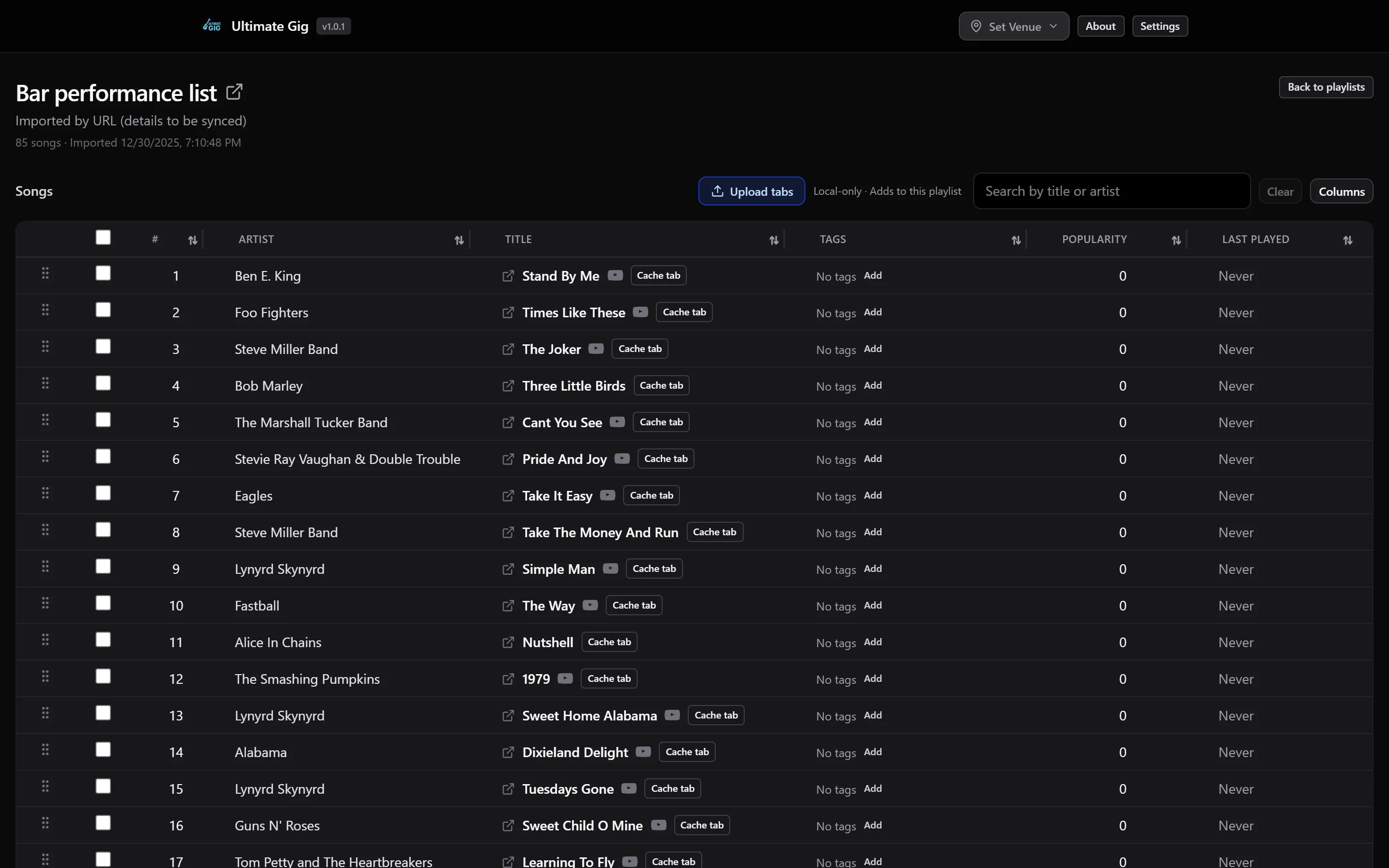 Ultimate Gig setlist view showing a bar performance playlist with songs by Ben E. King, Foo Fighters, Eagles and more, each with cache-tab controls